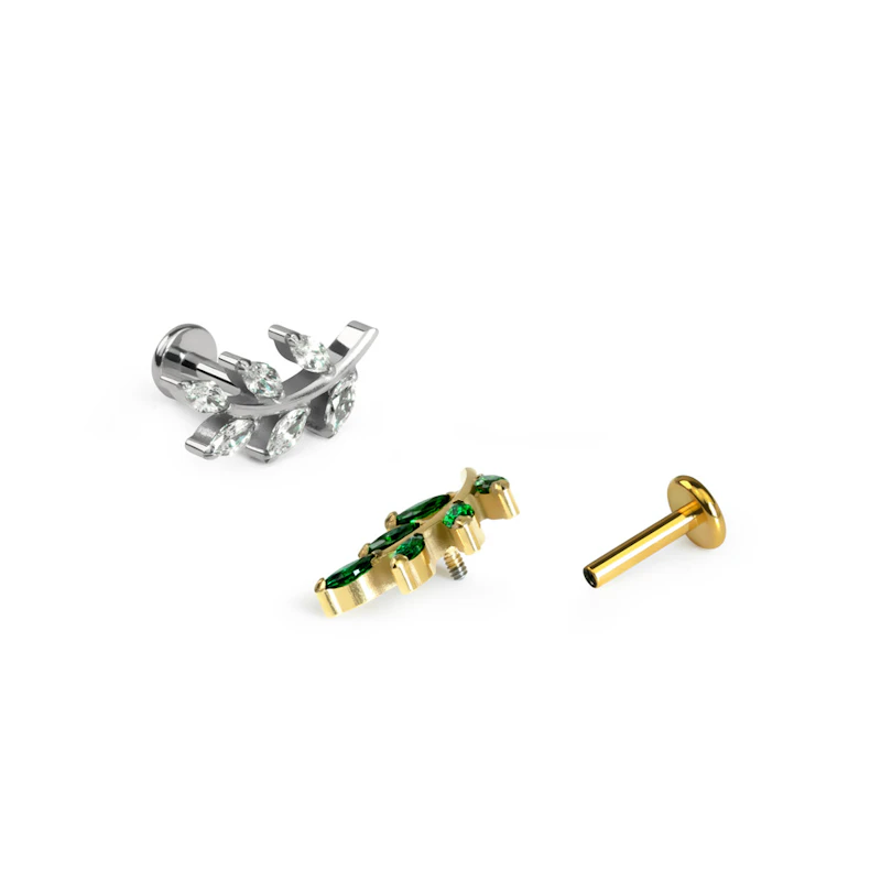Labret en titane avec design en forme de feuille et pierres