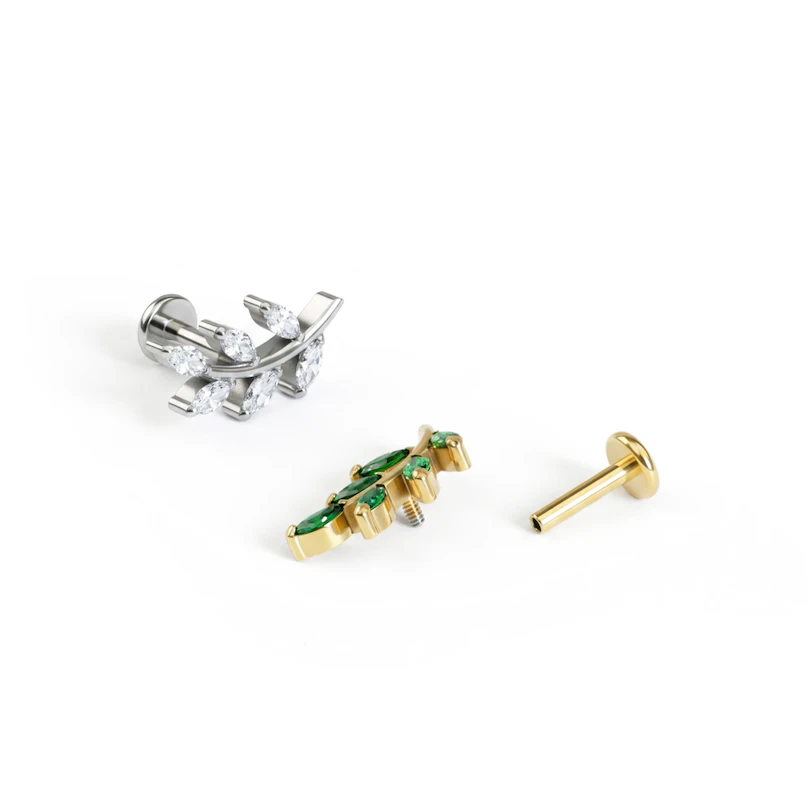 Labret en titane avec design en forme de feuille et pierres