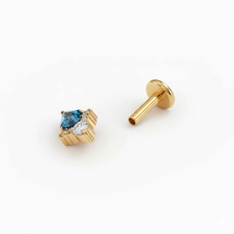 Labret en titane en forme de diamant et pierre bleue