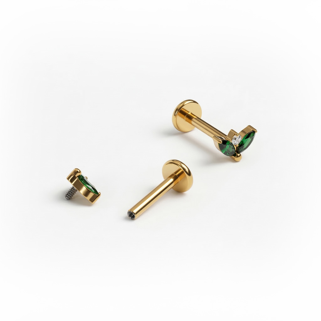 Labret en titane avec duo de pierres couleur émeraude