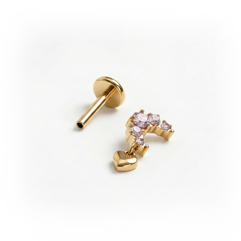 Labret en titane avec une lune et des pierres roses