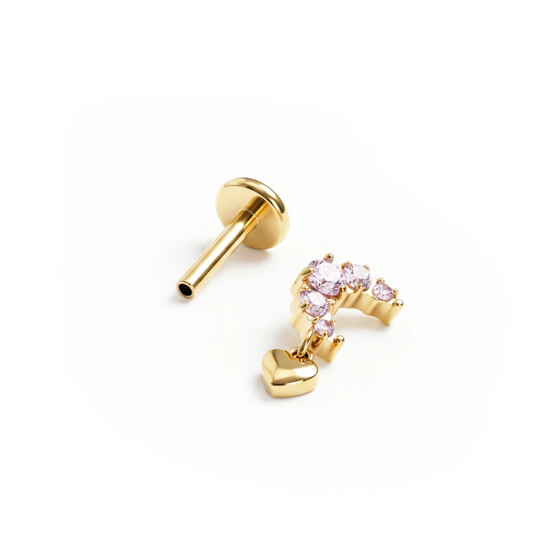 Labret en titane avec une lune et des pierres roses