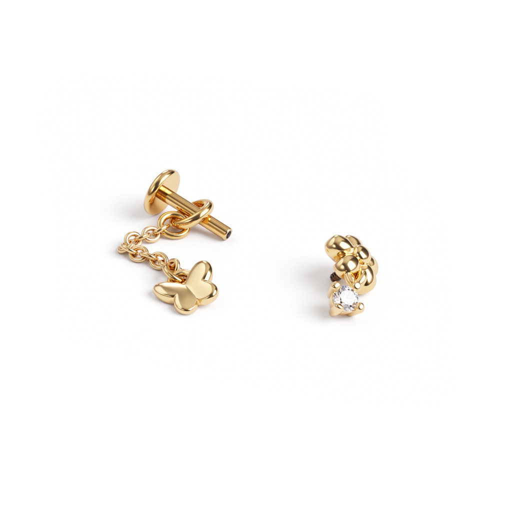 Labret à motif floral et un charm papillon