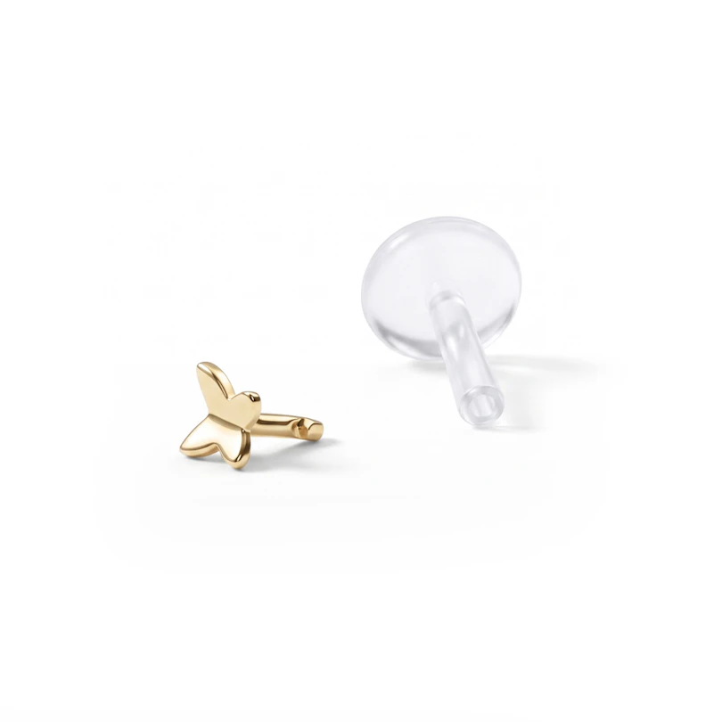 Labret avec un papillon en or 14 carats et une tige en PTFE