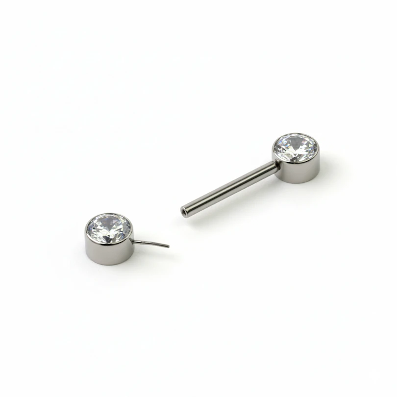 Barbell pour le téton avec lunette push-in sans filetage sertie de pierres