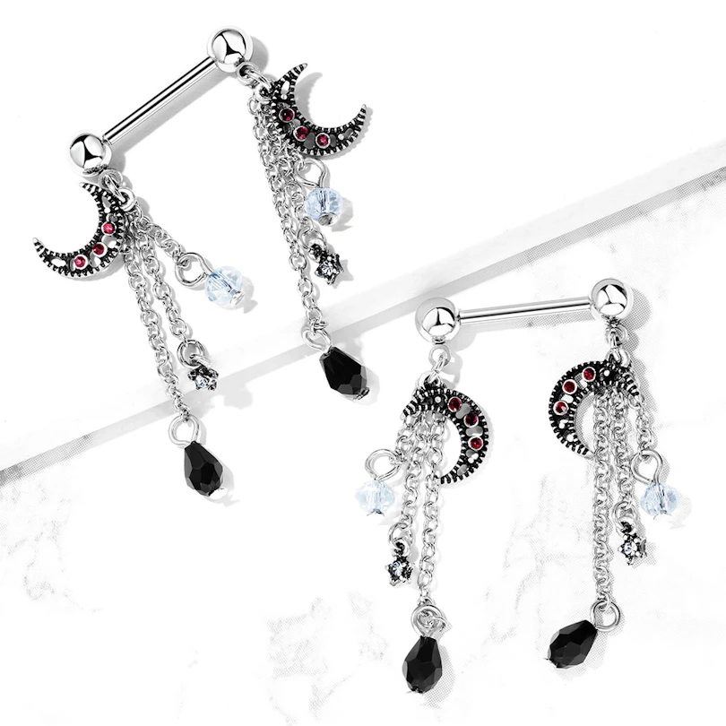 Piercing pour le téton avec des étoiles et lune en pendentif