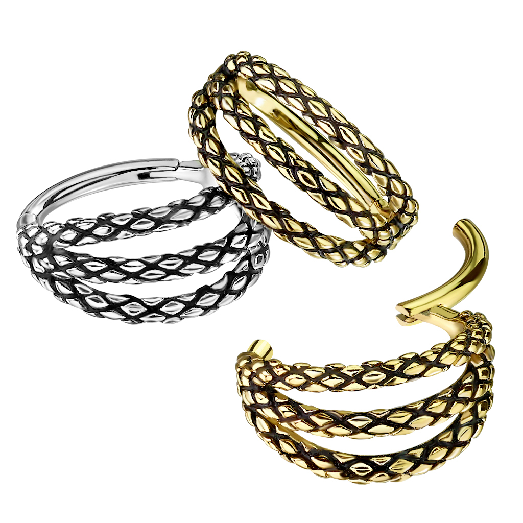 Anneau à charnière avec trois segments et design en peau de serpent