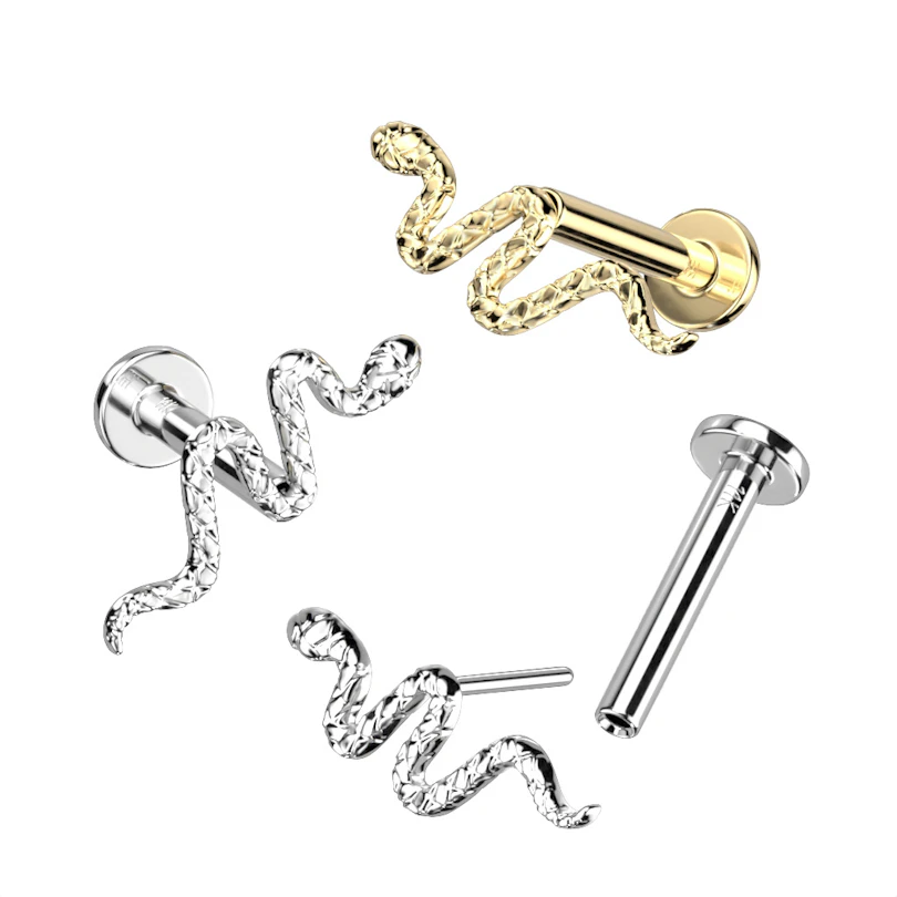 Labret push-in en or 14 carats avec un serpent détaillé