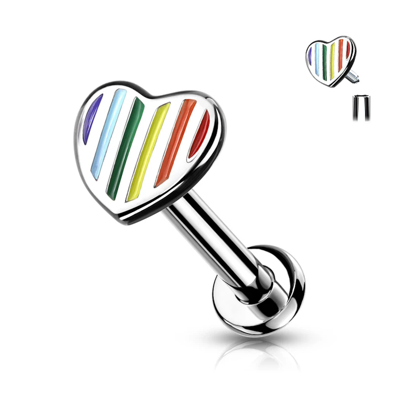 Labret avec un cœur avec rayures couleurs arc-en-ciel et filetage interne