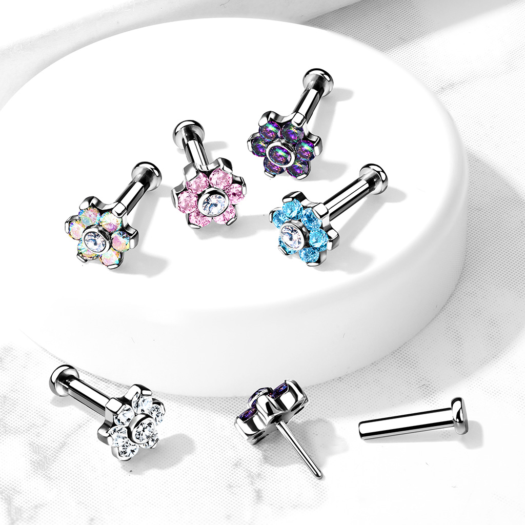 Labret push-in en titane avec une fleur ornée de pierres