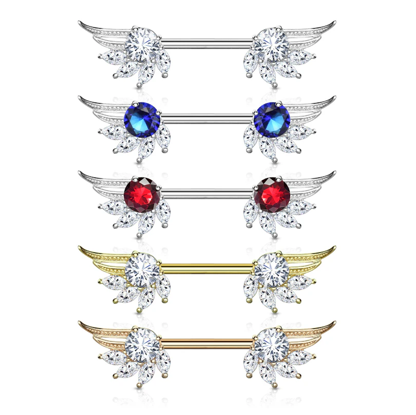 Barbell pour le téton avec ailes d'ange et pierre taillée en forme de marquise